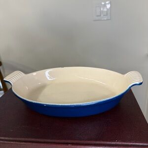 Vintage Ceramic Oval Baking Dish in Blue and Cream with Side Handles